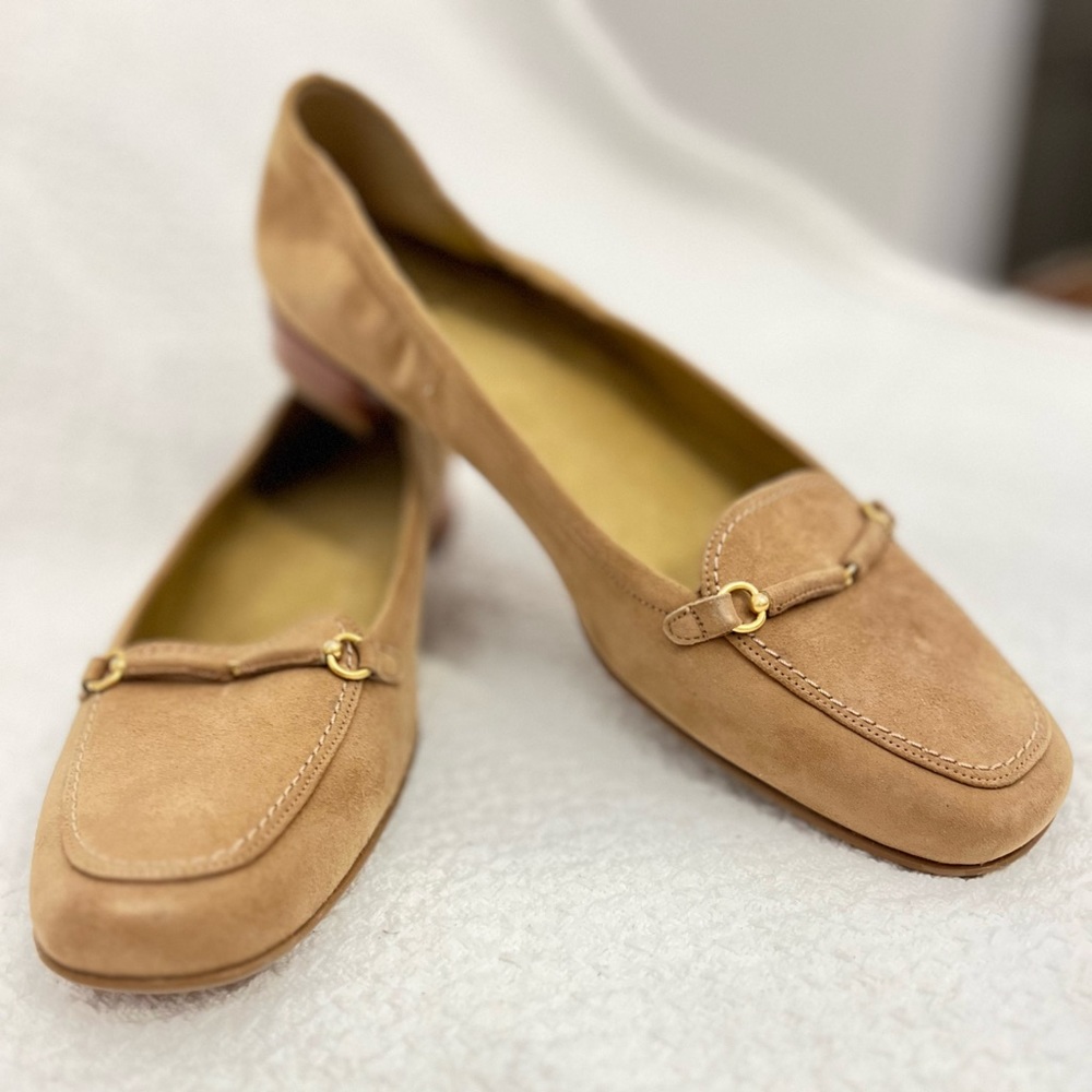 Stuart Weitzman camel colored suede slip-ons (narrow)